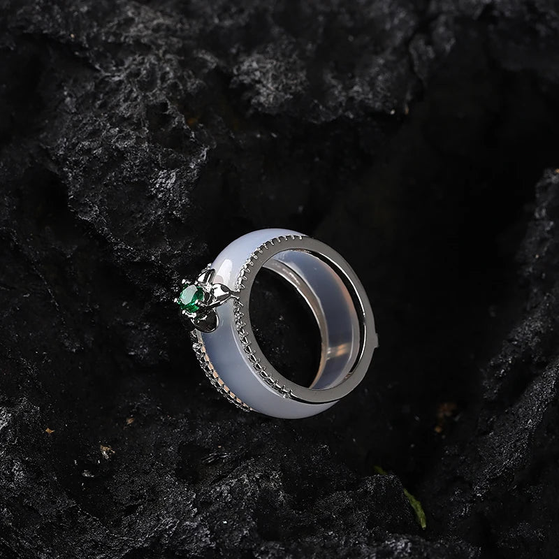 Silver Natural White Jade Band Ring Classic
