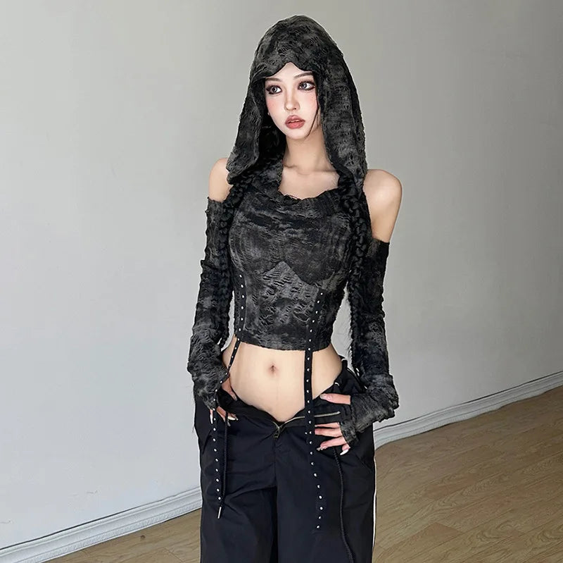 Gothic Hooded Short Sleeve Top for All Seasons
