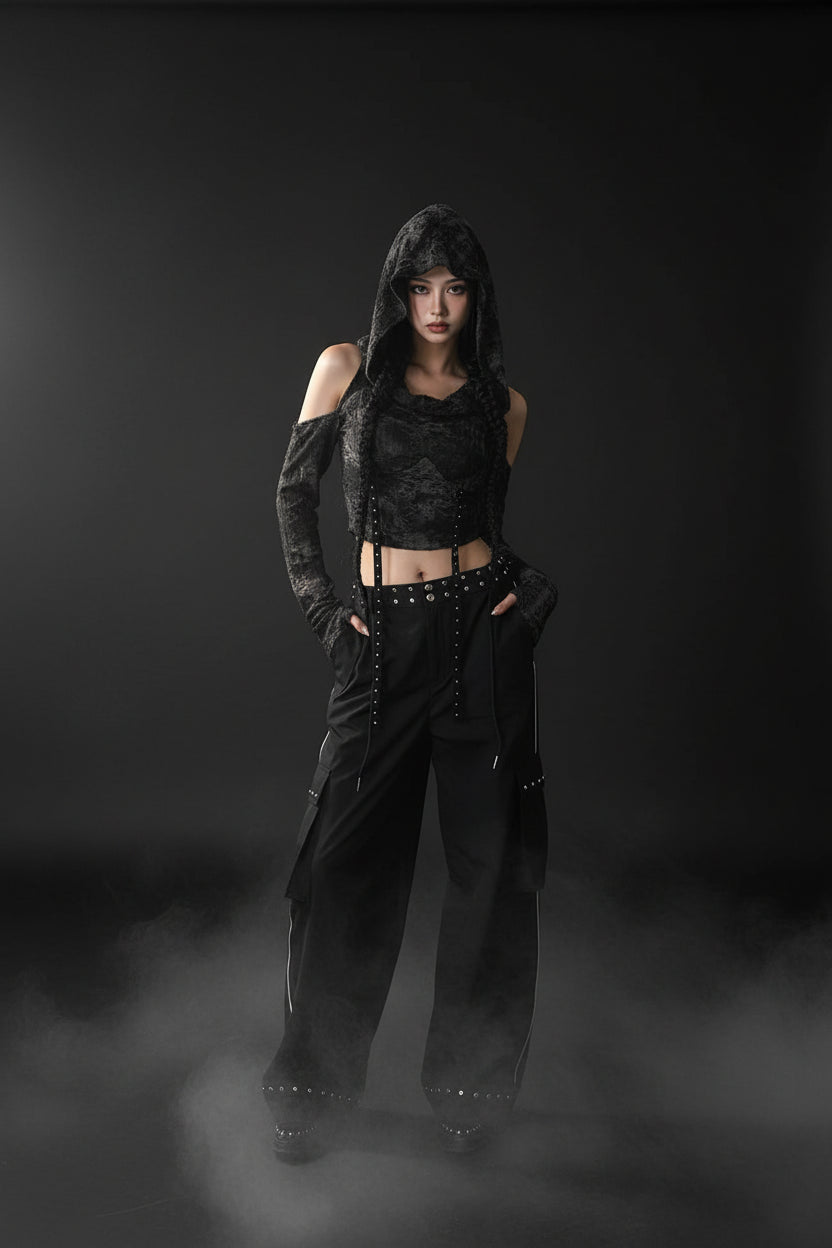 Gothic Hooded Shoulder Cut-Out Top