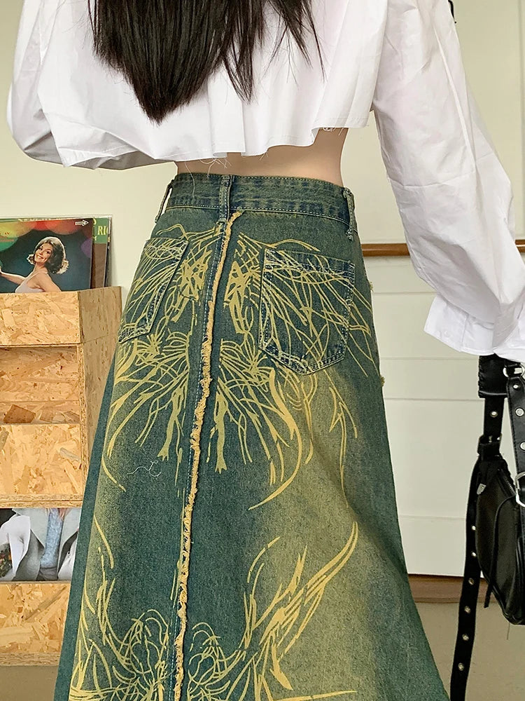 Ripped Tie-Dye A-Line Denim Skirt for Women