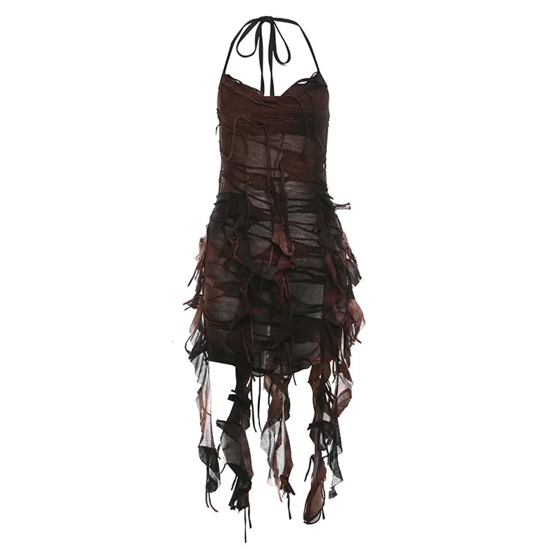 Retro Gradient Summer Halter Dress with Tassels