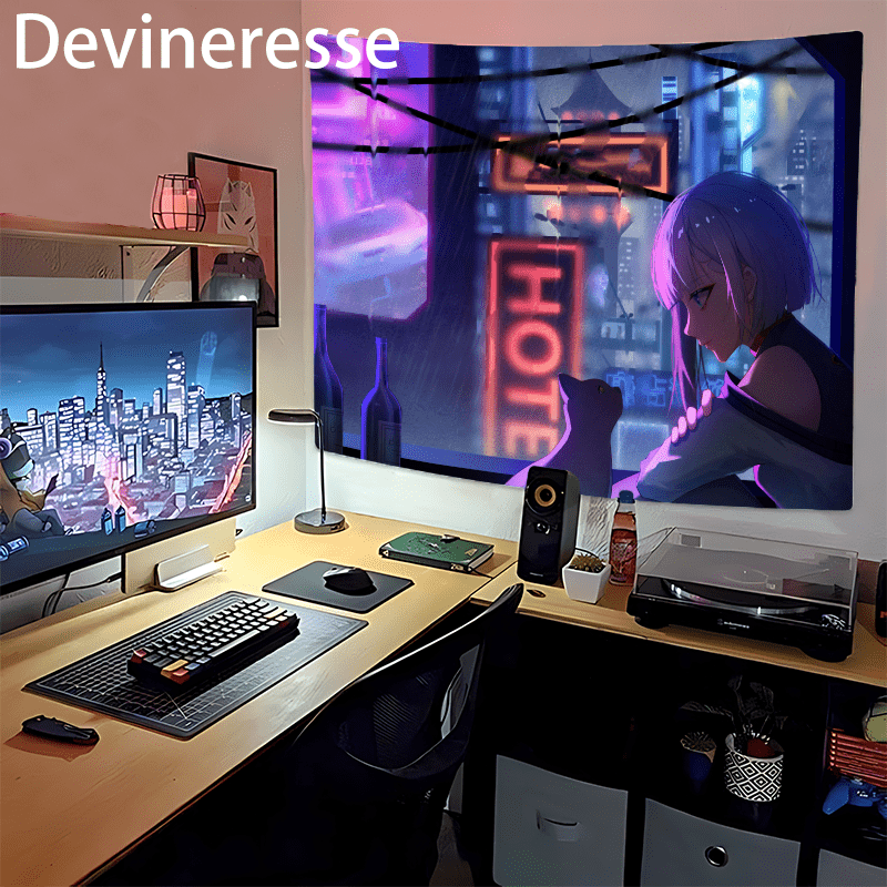 Vibrant Devineresse Neon Glow Cyberpunk Tapestry