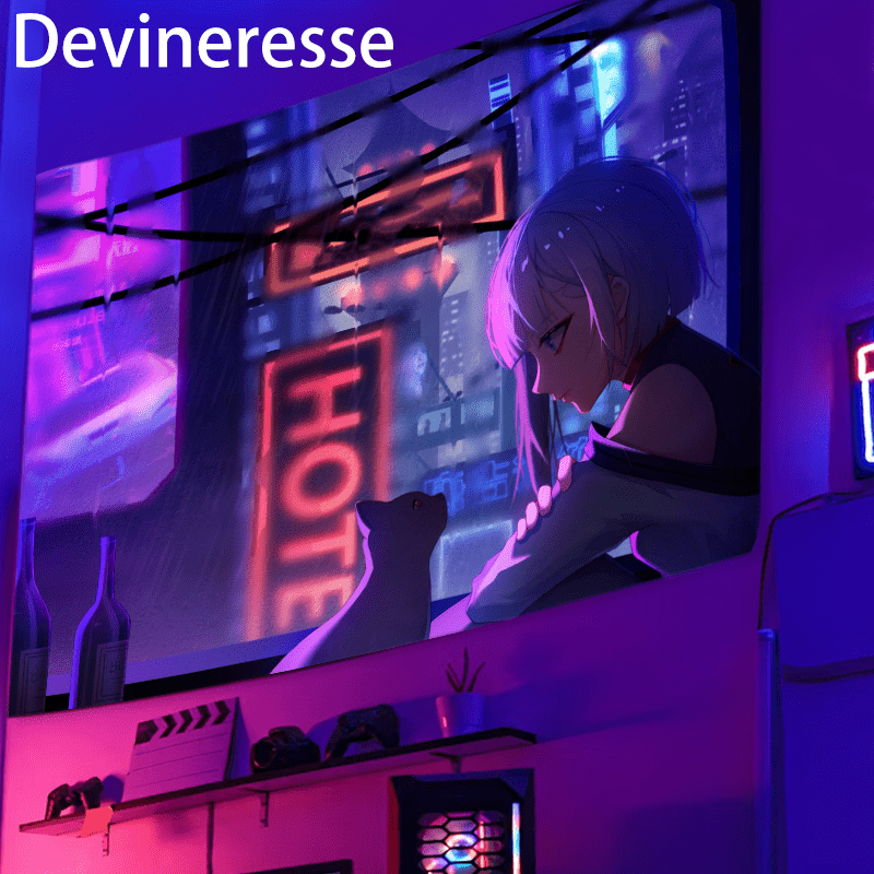 Vibrant Devineresse Neon Glow Cyberpunk Tapestry