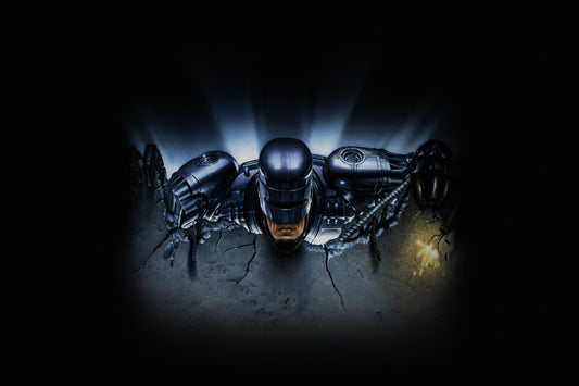 A canvas poster featuring the character Robocop from the classic movie, depicted in a dynamic pose with a background that includes sparks and a dark, moody lighting.