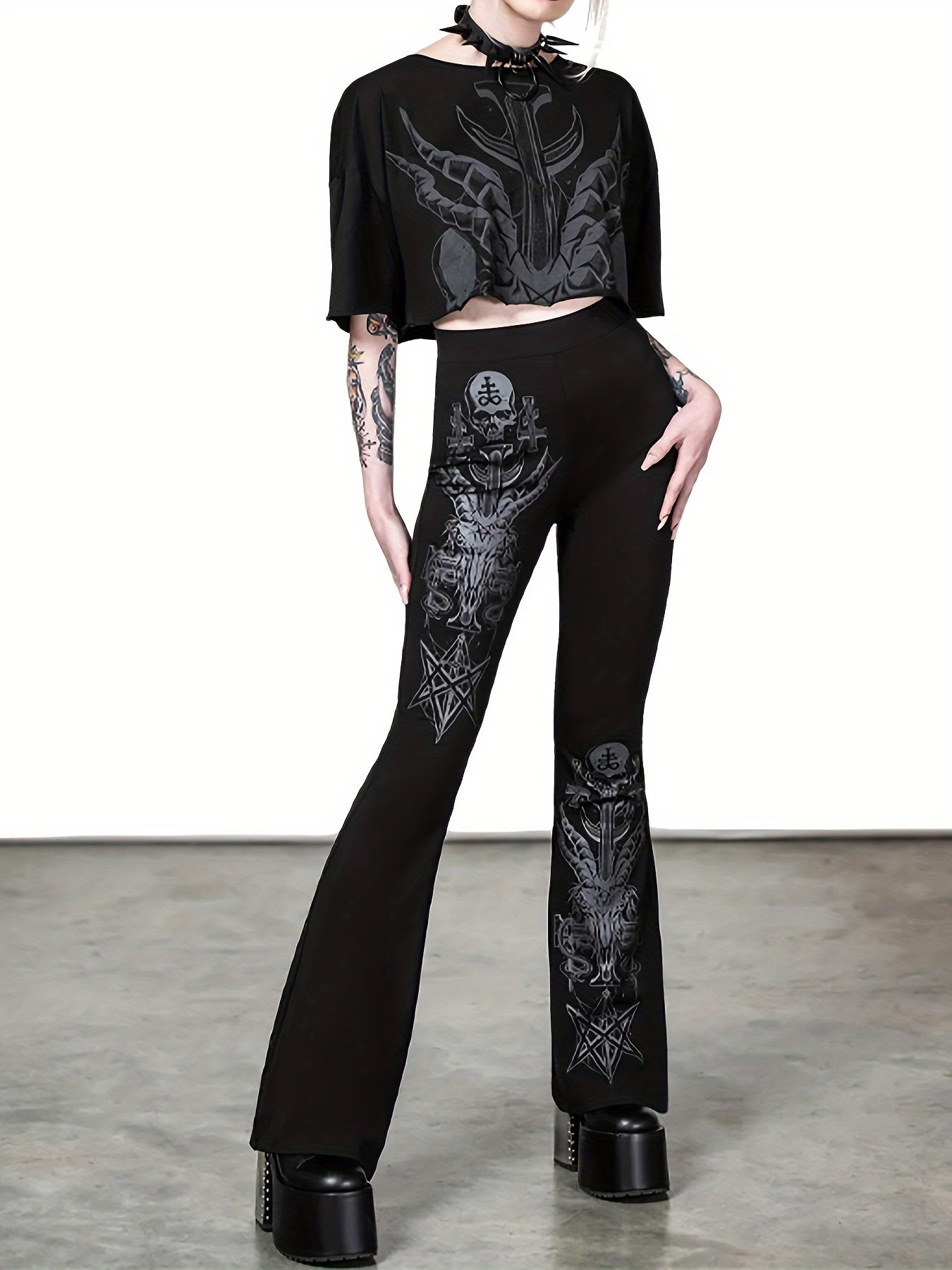 Gothic Skull Flare Pants - High-Waist Bell Bottoms