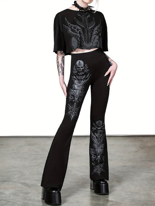 Gothic Skull Flare Pants - High-Waist Bell Bottoms