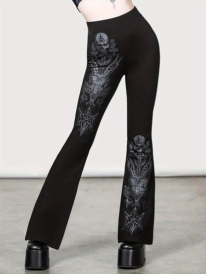 Gothic Skull Flare Pants - High-Waist Bell Bottoms