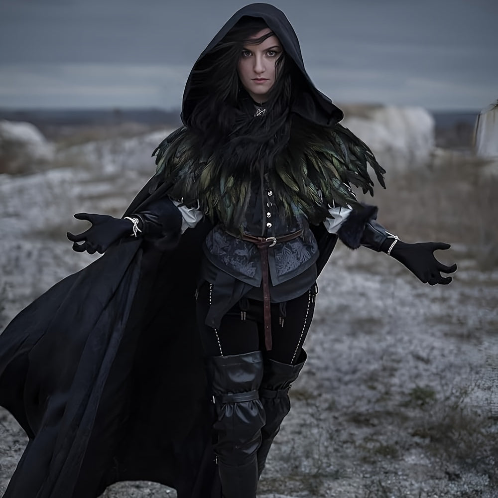 Gothic Velvet Cloak with Detachable Feather Cape Set