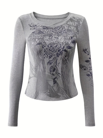 Y2K Feather Print V-Neck Top