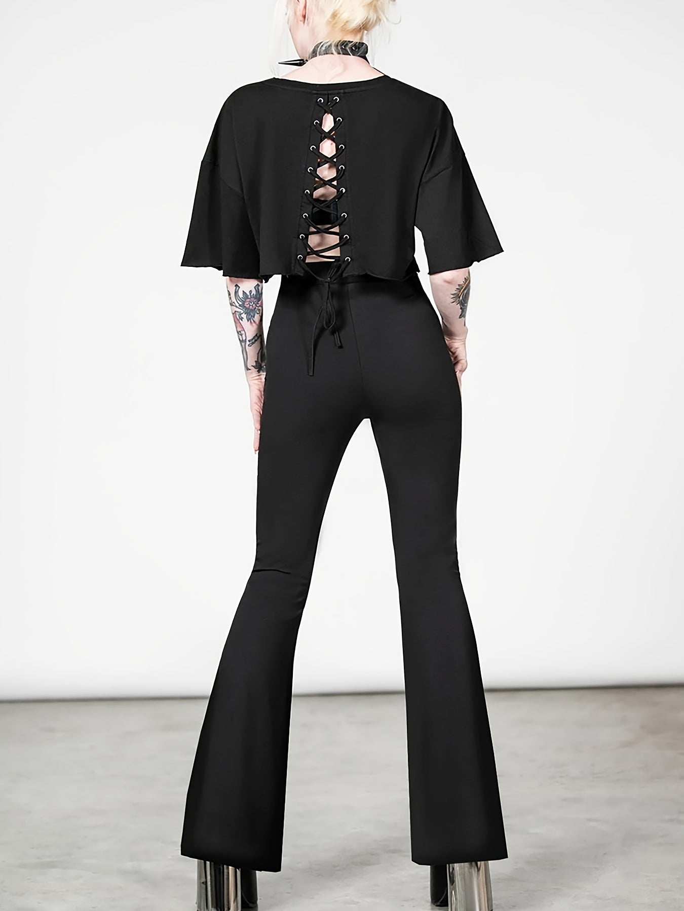 Gothic Skull Flare Pants - High-Waist Bell Bottoms