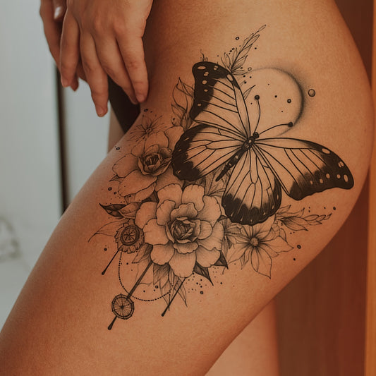 Gothic Butterfly Floral Clock Temporary Tattoo Stickers