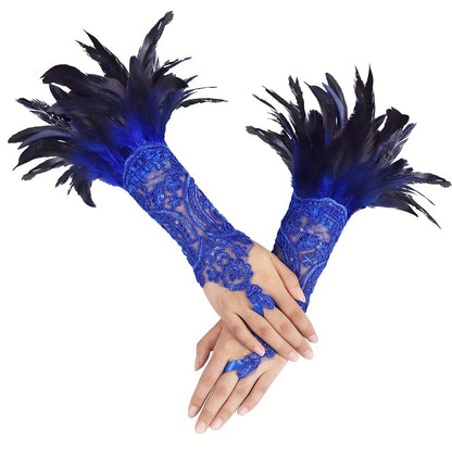 Elegance in Blue: Gothic Lace Feather Glove Set