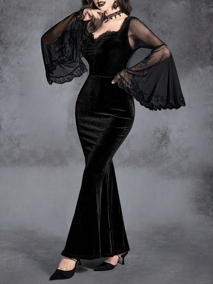 Gothic Mermaid Velvet Dress with Ruffle Detail