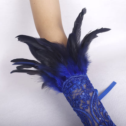 Elegance in Blue: Gothic Lace Feather Glove Set