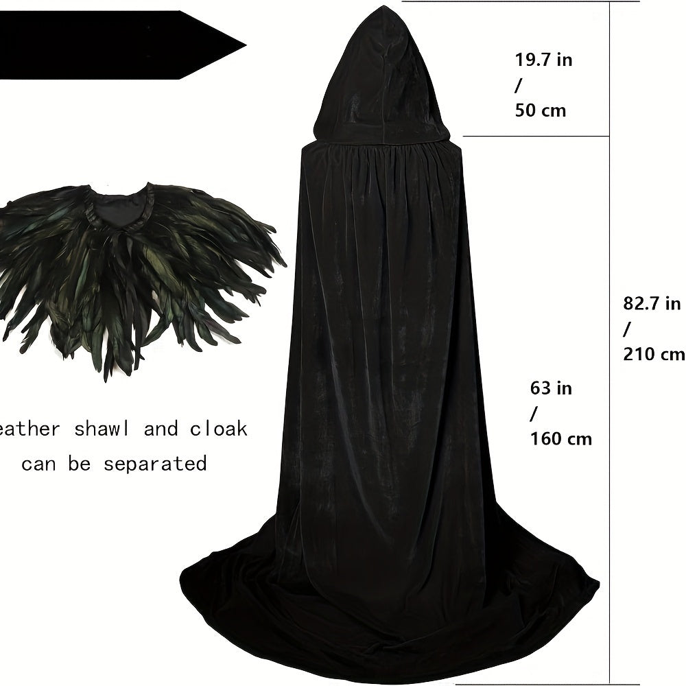 Gothic Velvet Cloak with Detachable Feather Cape Set