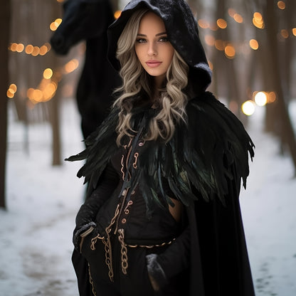 Gothic Velvet Cloak with Detachable Feather Cape Set
