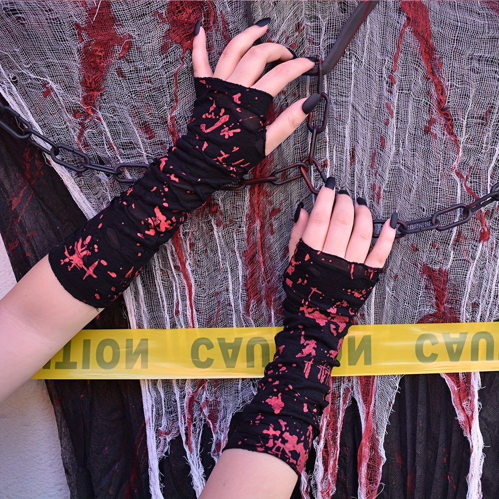 Festive Dark Punk Style Long Gloves with Blood Splatter Design