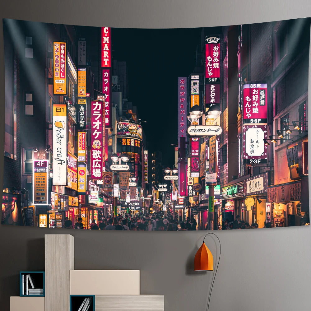 Tokyo Metropolitan nightlife tapestry Japanese wall