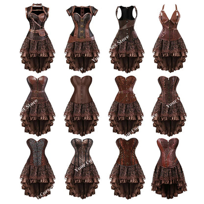 Faux Leather Corset Dress Brown Pirate Costume