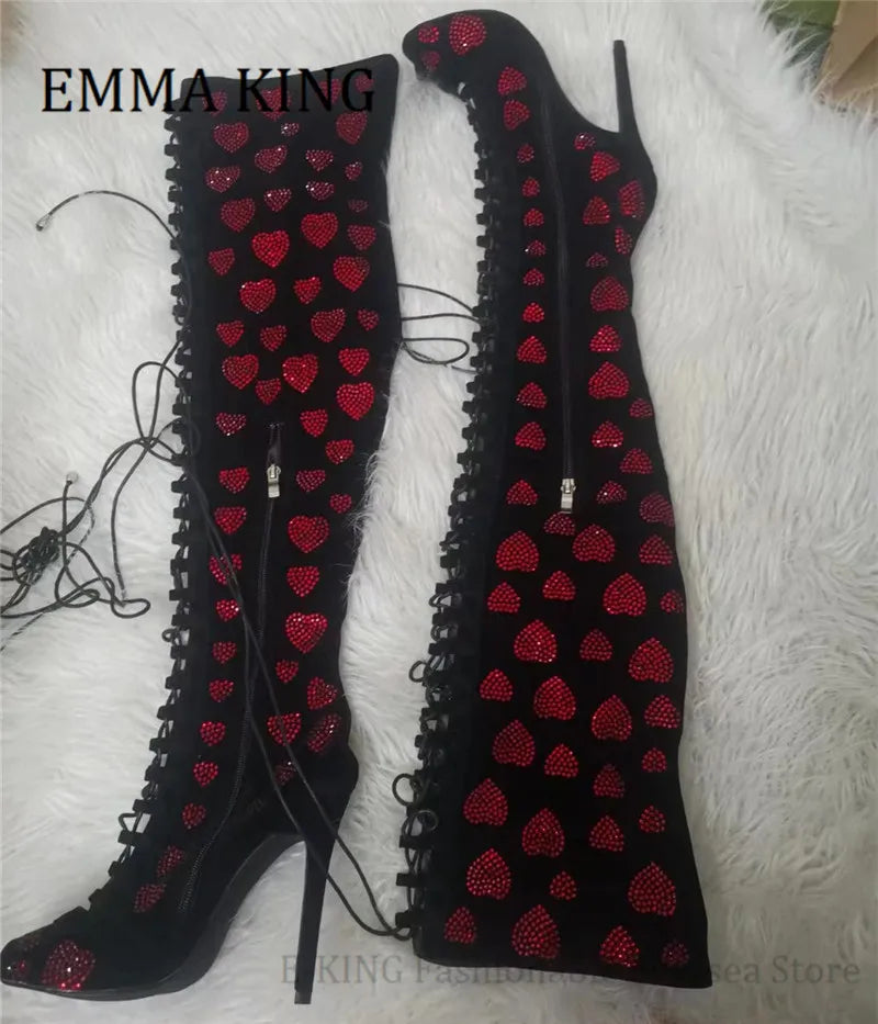 Women Red Crystal Hearts Gladiator Boots