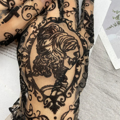 Skull Jacquard Black Lace Gloves