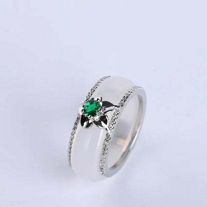 Silver Natural  White Jade Band Ring Classic