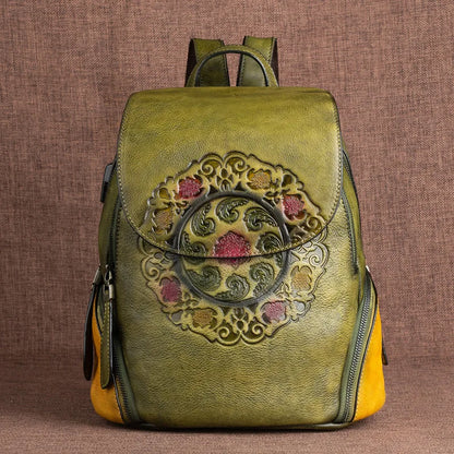 Backpack Retro Genuine Leather For Ladies New Handmade Embossed