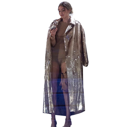 Heavy Full Golden Sequined Long Trench Coat