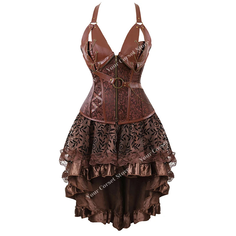 Faux Leather Corset Dress Brown Pirate Costume