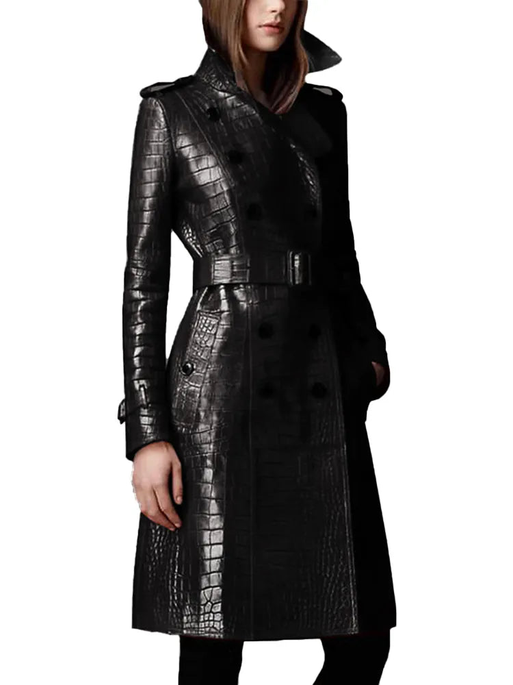 Pu Leather Trench Coat for Women Belt Double Breasted