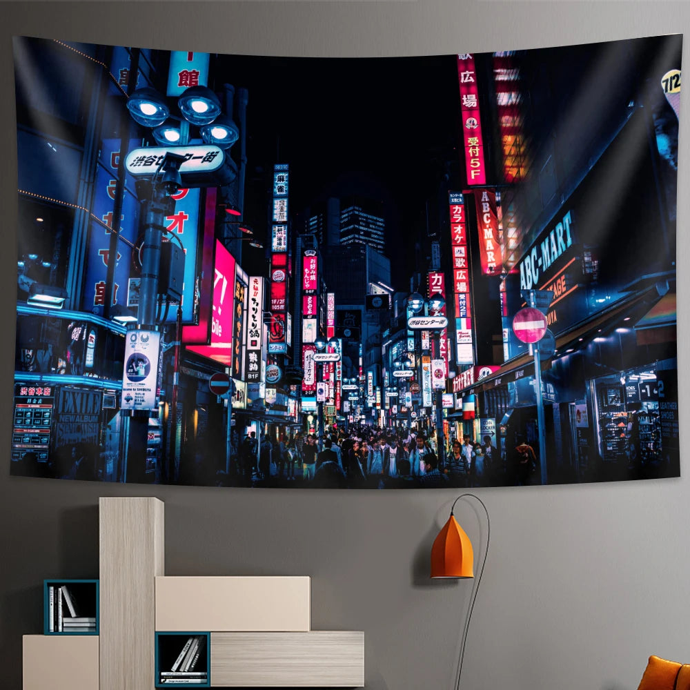 Tokyo Metropolitan nightlife tapestry Japanese wall