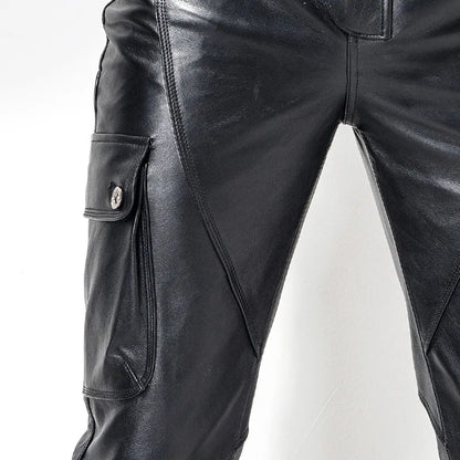 Full Length Trousers Slim Pockets Genuine Leather Windproof