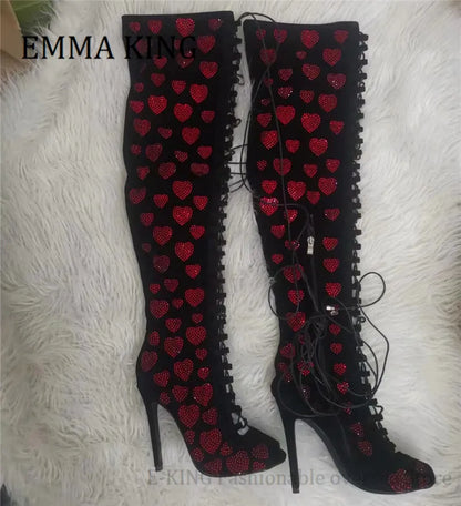 Women Red Crystal Hearts Gladiator Boots