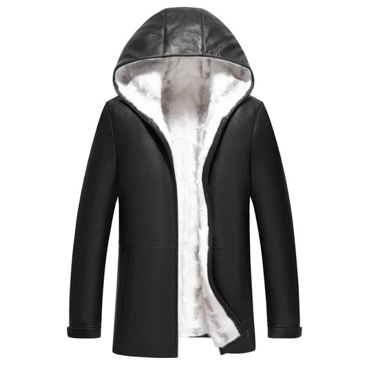 natural sheepskin leather hooded