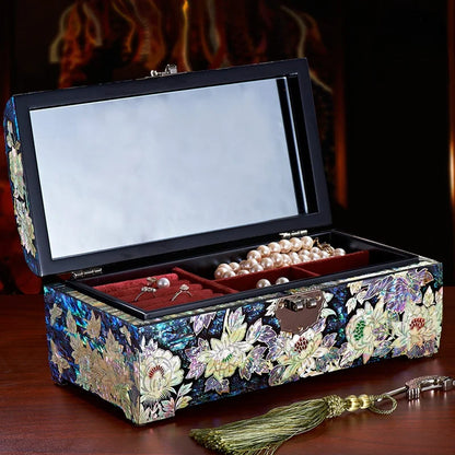 Mother-of-pearllacquer Lockable Jewelry Box Solid Wood Chinese Style Retro Featured Wedding Gift Storage Makeup Organizer