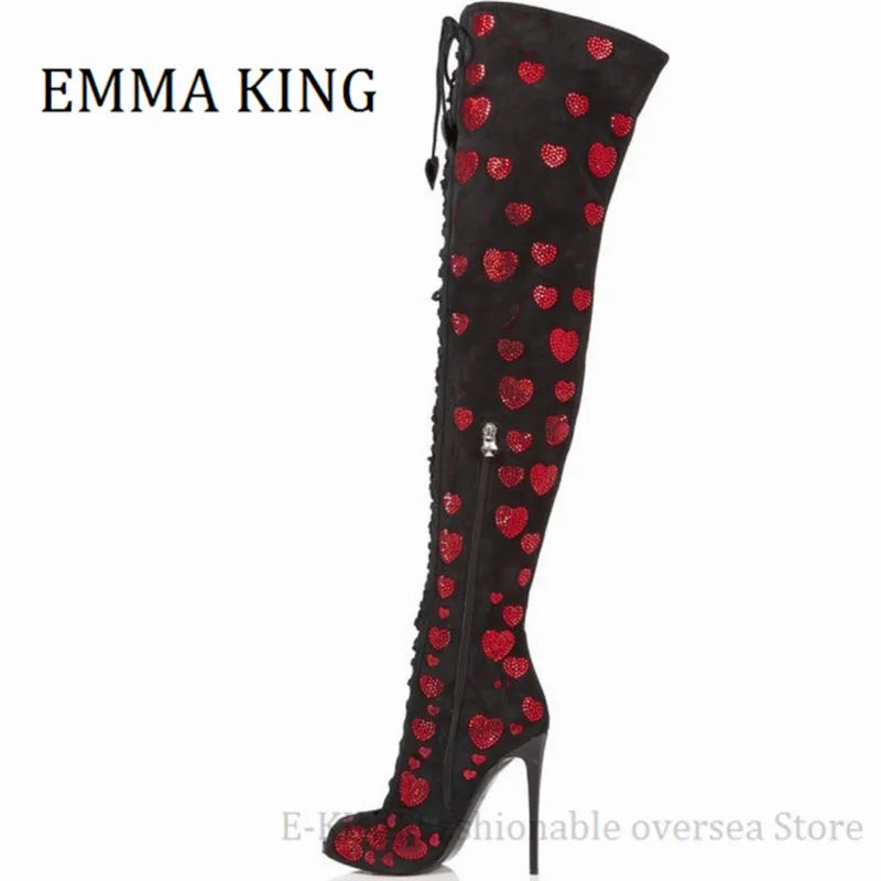 Women Red Crystal Hearts Gladiator Boots