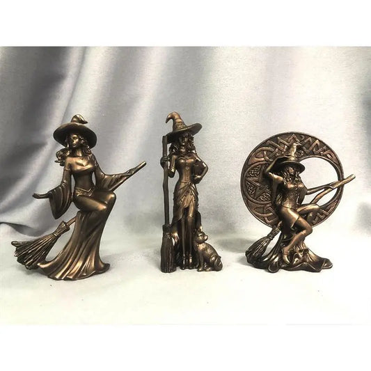 Retro Nordic Witch Art Statue Plated Copper Magician Sculpture