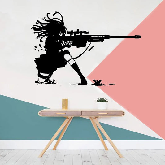 Anime Manga Girl Sniper Rifle Shooting Wall Sticker v