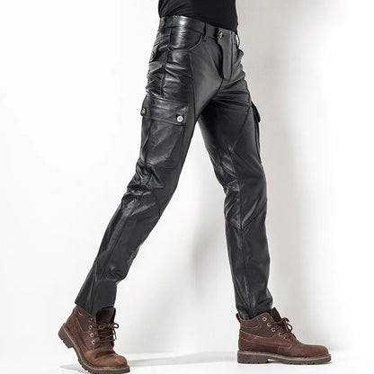 Full Length Trousers Slim Pockets Genuine Leather Windproof