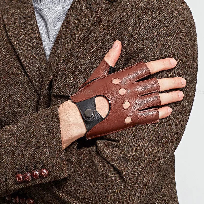 Pure Real Leather Half Finger Thin Gloves