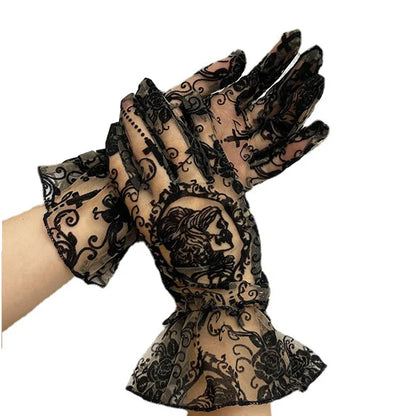 Skull Jacquard Black Lace Gloves