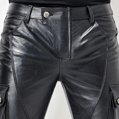 Full Length Trousers Slim Pockets Genuine Leather Windproof