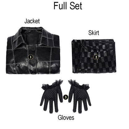 New Cruella Cosplay Leather Coat Skirt Gloves Black Slim Plaid Jacket and Wig