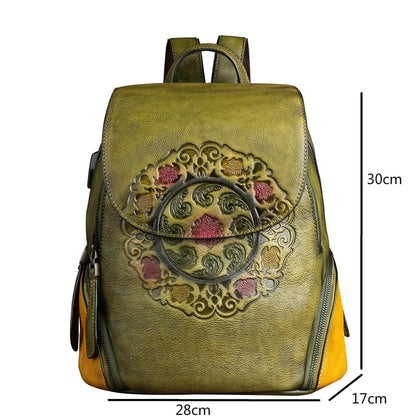 Backpack Retro Genuine Leather For Ladies New Handmade Embossed