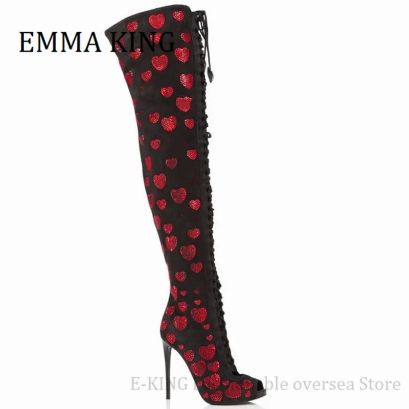 Women Red Crystal Hearts Gladiator Boots