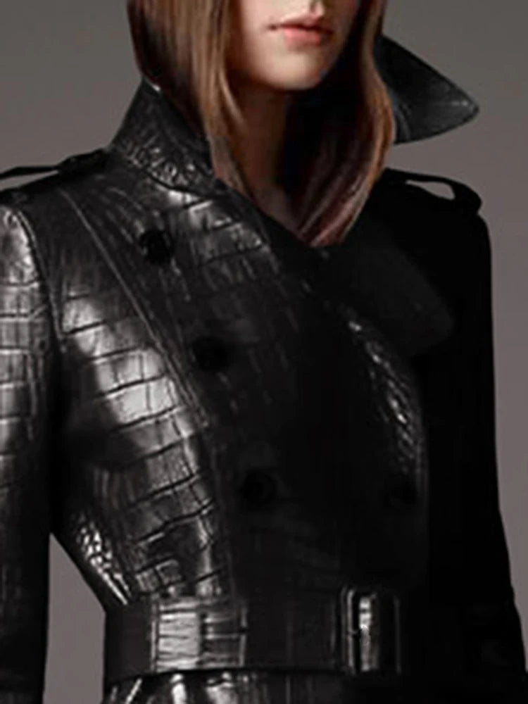 Pu Leather Trench Coat for Women Belt Double Breasted