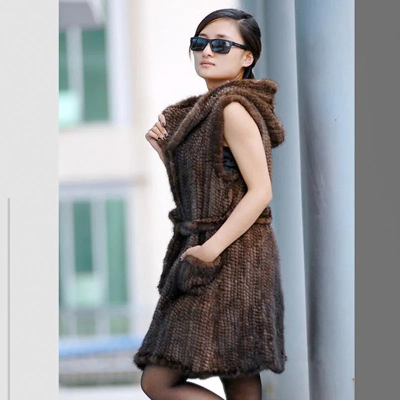 New Genuine knitted mink fur vest hooded