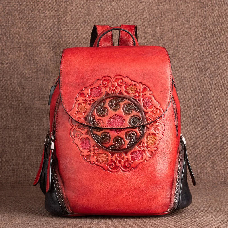 Backpack Retro Genuine Leather For Ladies New Handmade Embossed