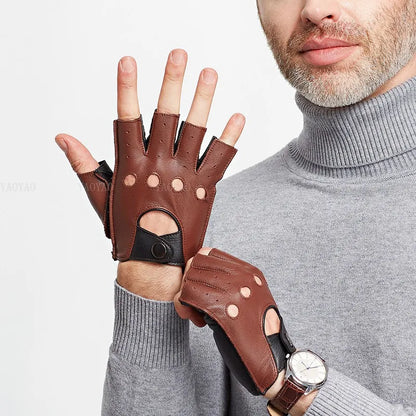 Pure Real Leather Half Finger Thin Gloves