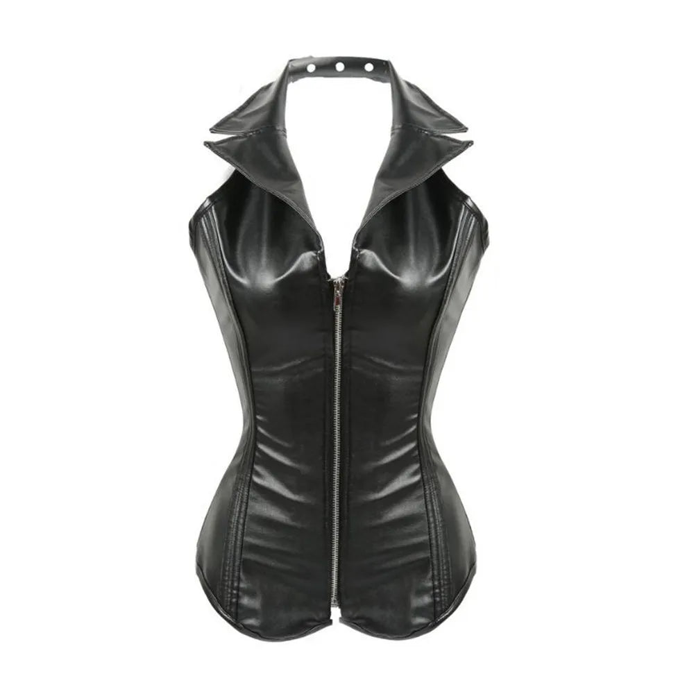 Faux Leather Corset Vest Zipper Spiral Steel